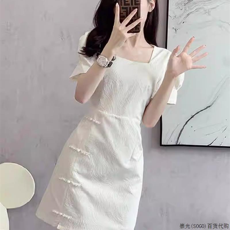 新中式改良旗袍裙子女夏季2025新款小个子收腰提花方领包臀连衣裙