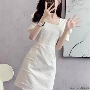 新中式 小个子收腰提花方领包臀连衣裙 改良旗袍裙子女夏季 2025新款