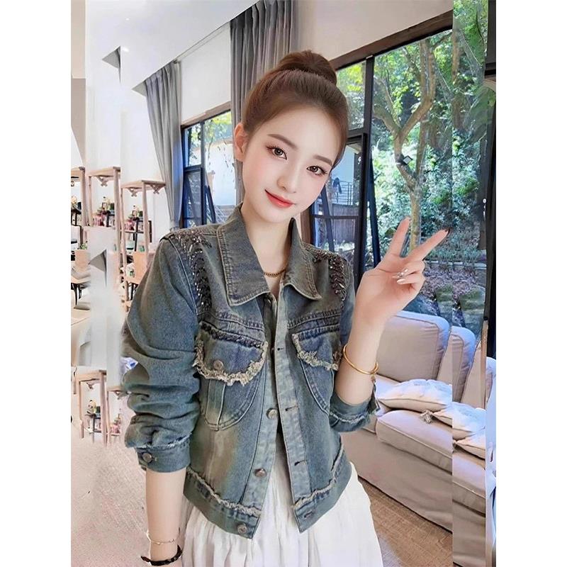 覆古牛仔短款外套女春秋欧货新款宽松休闲小众钉珠毛边夹克上衣
