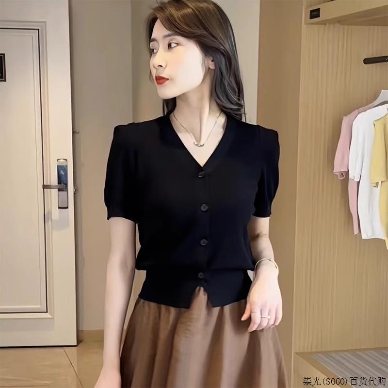 冰丝短袖t恤女2025新款夏季法式V领收腰设计感小众针织开衫上衣女