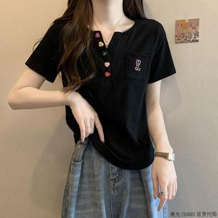 上衣 纯棉短袖 t恤女夏装 2025新款 减龄宽松遮肚子显瘦别致正肩大码
