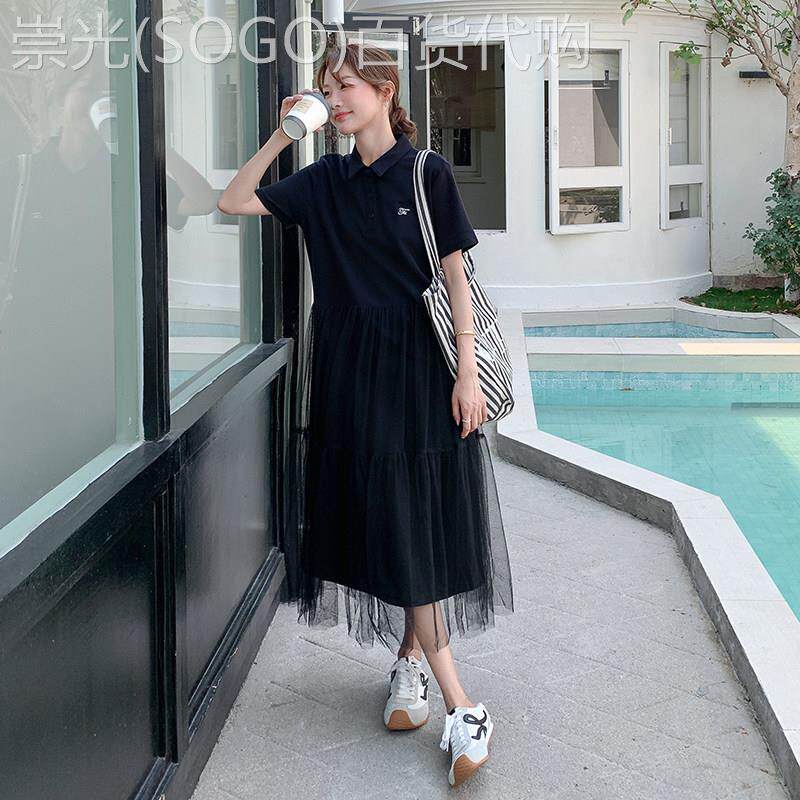 黑色设计感Polo领短袖连衣裙女2026年夏季新款休闲气质拼接网纱裙