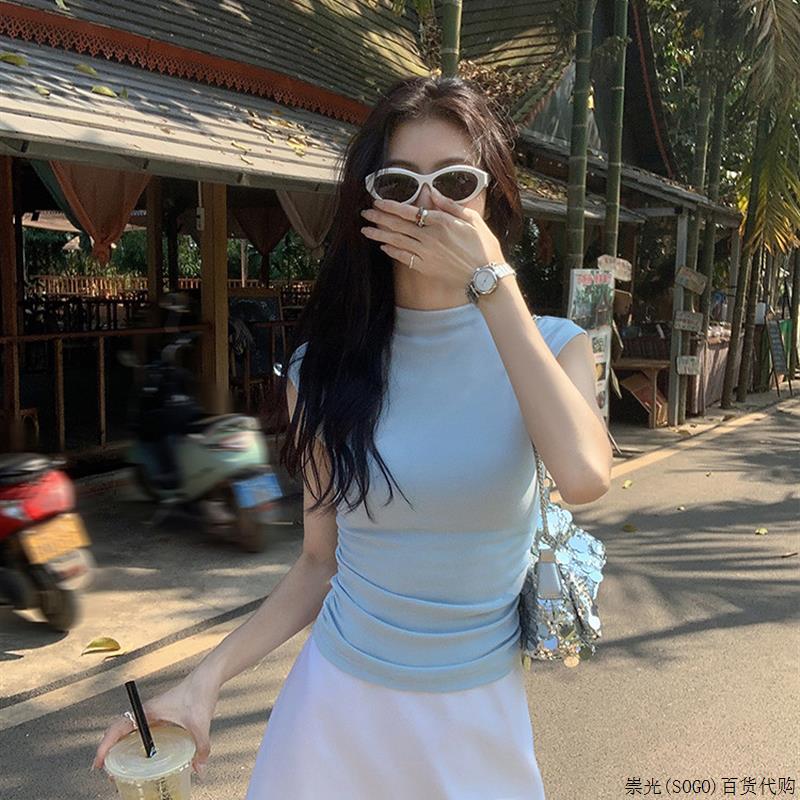 2025夏季新款半高领冰丝针织衫女短袖修身收腰显瘦短款T恤打底衫