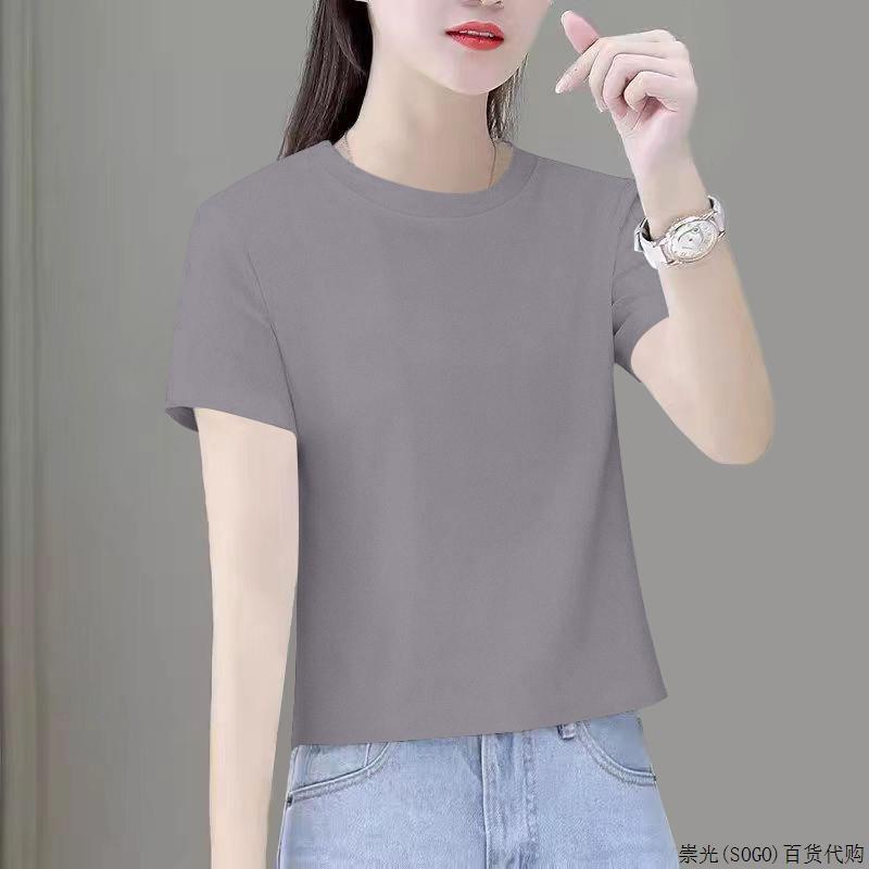 奶奶灰纯棉正肩短袖t恤女夏装2025新款宽松韩版圆领短款纯色上衣