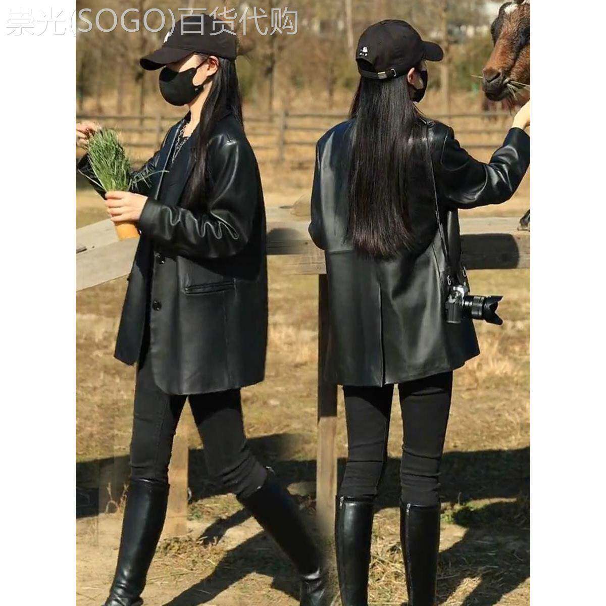 黑色小西装皮衣外套女秋冬季欧货小个子机车服中长版覆古pu皮夹克