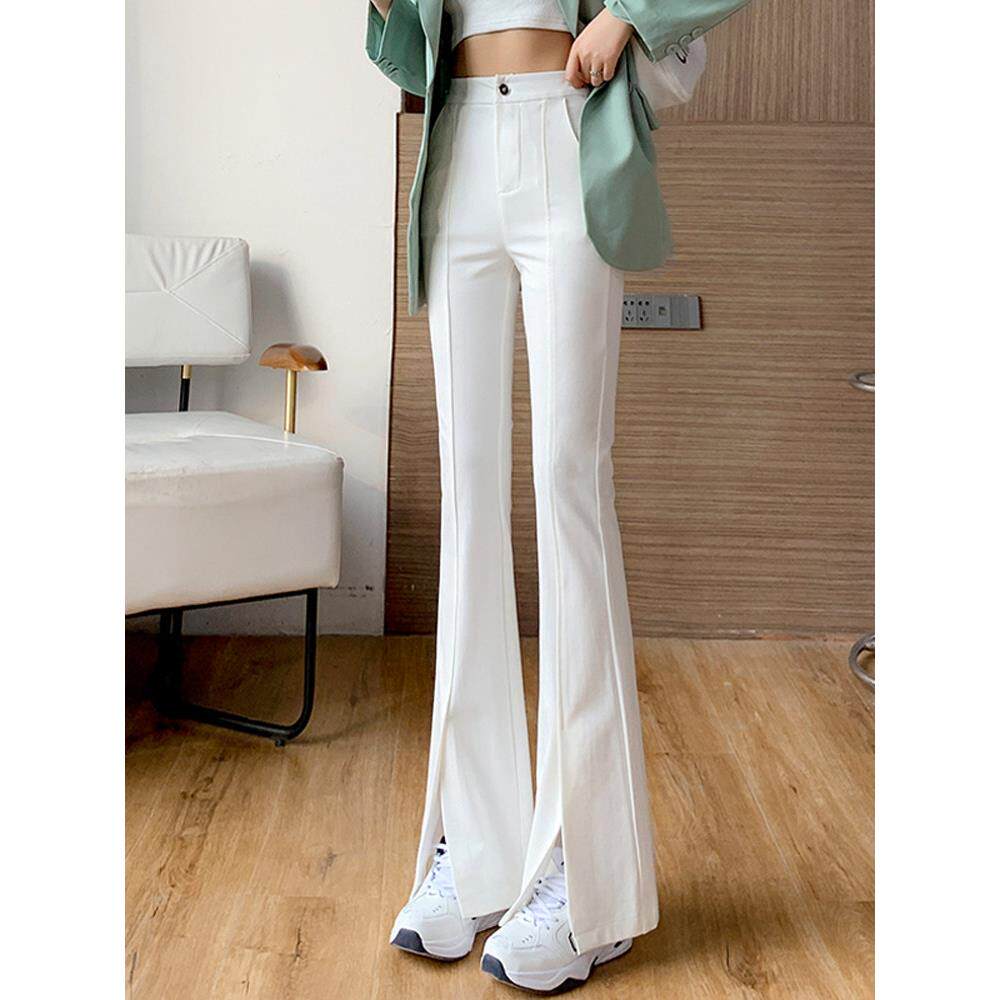 白色开叉微喇休闲裤子女2025夏季新款高腰显瘦西装裤垂感喇叭女裤