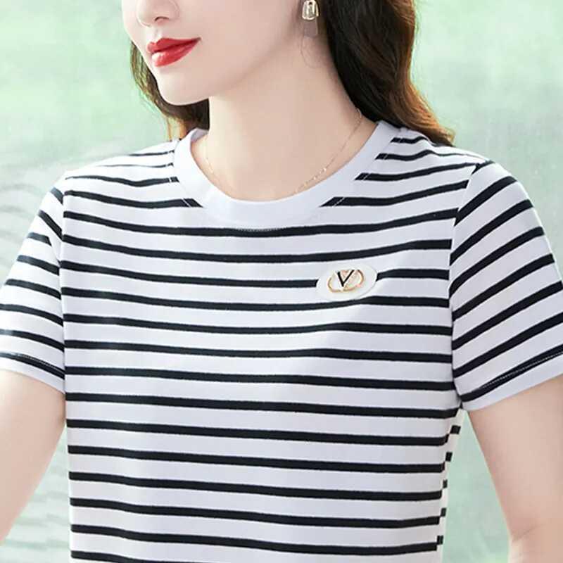 条纹圆领短袖T恤女士夏装2025新款气质宽松显瘦纯棉减龄洋派上衣