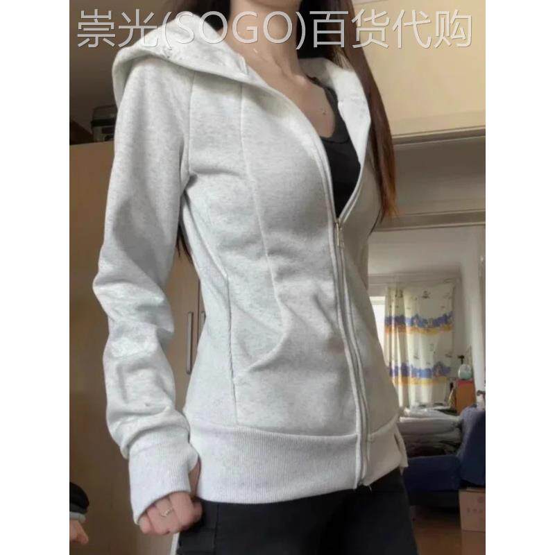 灰色修身卫衣外套女款2025新款早秋韩系穿搭正肩显瘦收腰连帽上衣