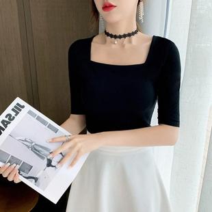 露锁骨正肩长袖 方领t恤女春夏法式 大码 鱼骨上衣修身 潮 黑色打底衫