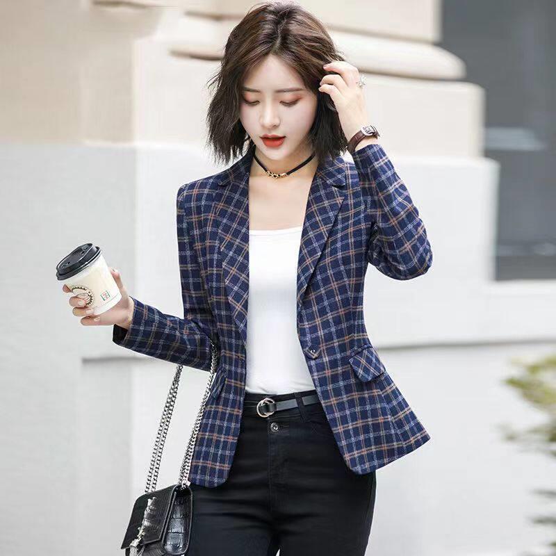 格子小西装女修身2025春秋新款显瘦休闲百搭西服长袖职业外套上衣