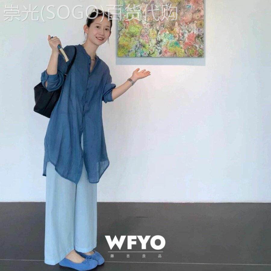 WFYO/蓝色圆领宽松防晒衬衫女2026新款夏棉麻亚麻天丝薄款外套潮