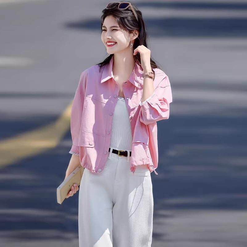 香港代购休闲短款外套女春季新款宽松小个子百搭POLO领夹克上衣潮