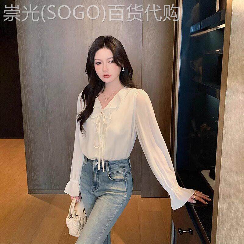 白色V领雪纺衬衫女春夏2026新款法式荷叶边气质显瘦轻奢长袖上衣
