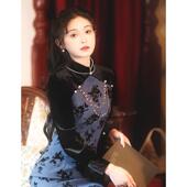 新中式 立领连衣裙 修身 复古刺绣黑色改良旗袍女2024年秋冬新款 长袖