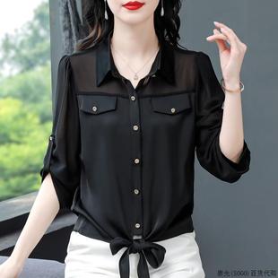 薄款 2025新款 雪紡襯衫 時尚 洋氣氣質寬松t恤女上衣 女夏季 黑色短袖