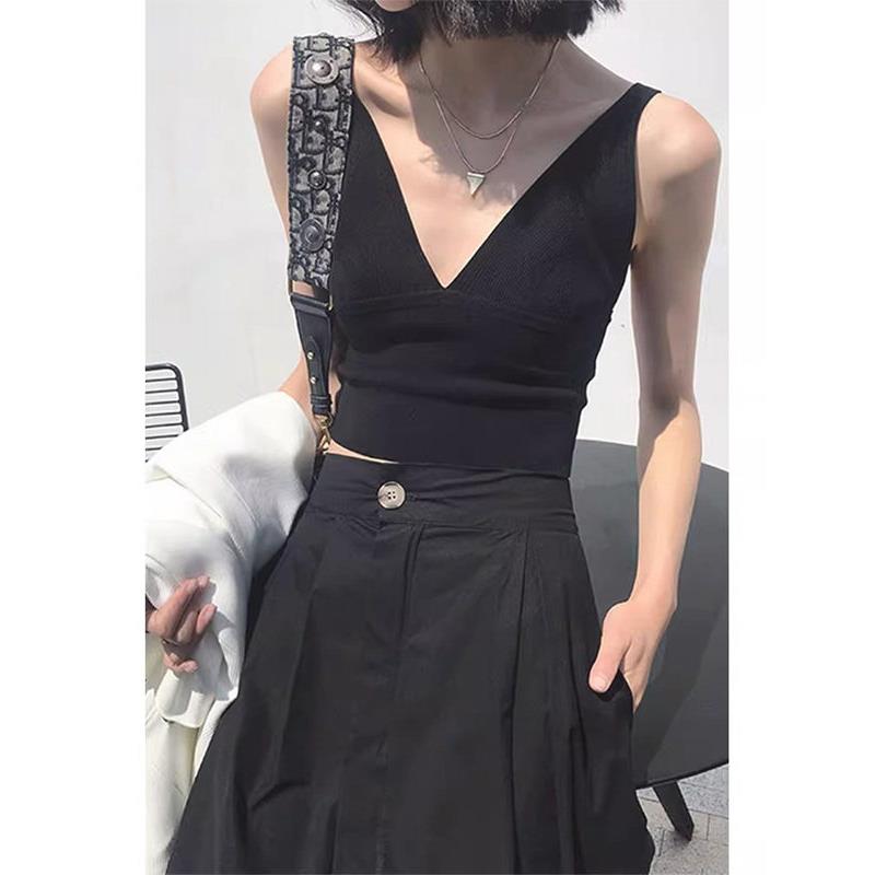 黑色深V领露背针织吊带背心女春秋欧货西装内搭性感无袖打底上衣