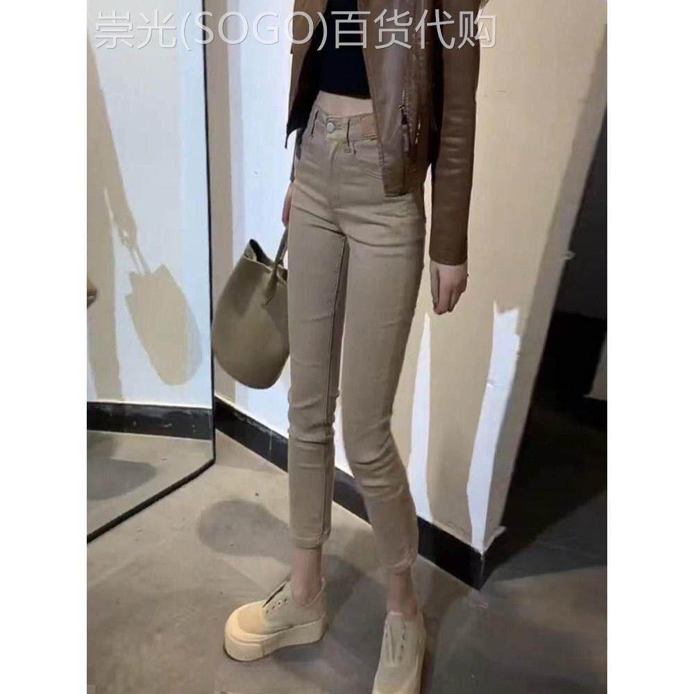 卡其色工装牛仔裤女秋冬深圳欧货高腰开 叉九分烟管裤烟管裤子大