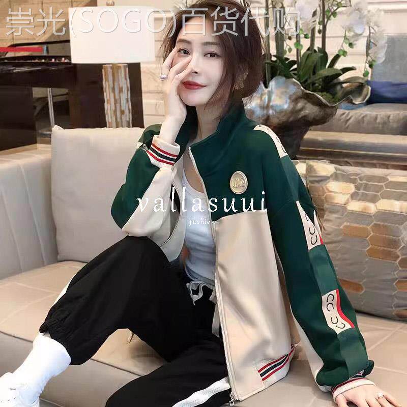 绿色棒球服外套女春秋2025新款韩版宽松显瘦拼接休闲长袖夹克上衣