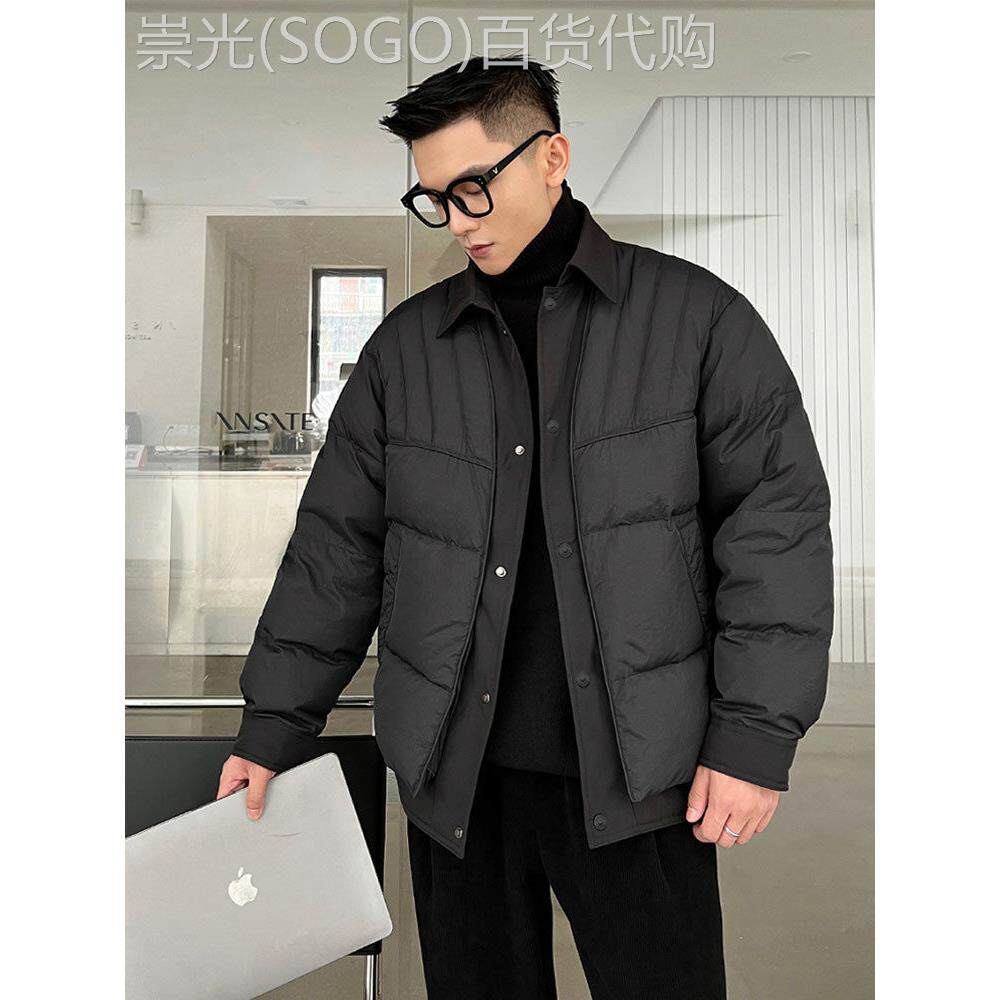 男装秋冬翻领假两件套加厚夹克高端帅气纯色羽绒服