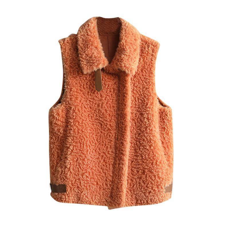 韩国秋冬橙色颗粒羊剪绒皮草马甲女短款加厚羊毛皮毛一体马夹外套