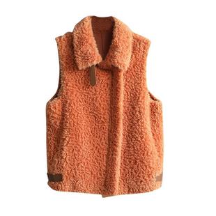 韩国秋冬橙色颗粒羊剪绒皮草马甲女短款加厚羊毛皮毛一体马夹外套