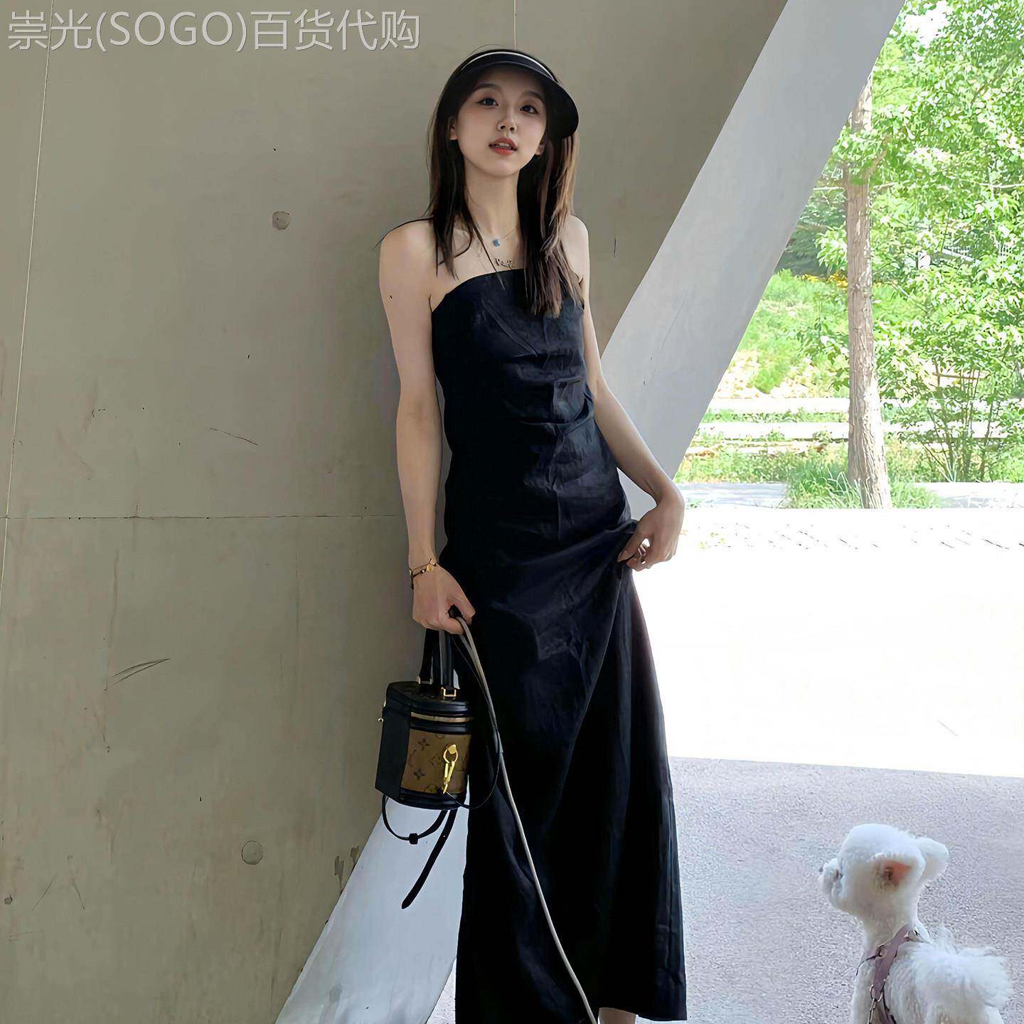 法式气质小香风黑色抹胸洋装女夏2025新款小个子收腰无袖长裙子