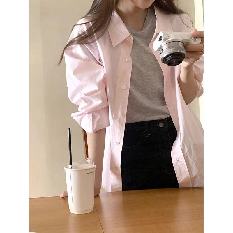 浅粉色polo领长袖衬衫女春秋欧货薄款时尚修身显白翻领衬衣外穿
