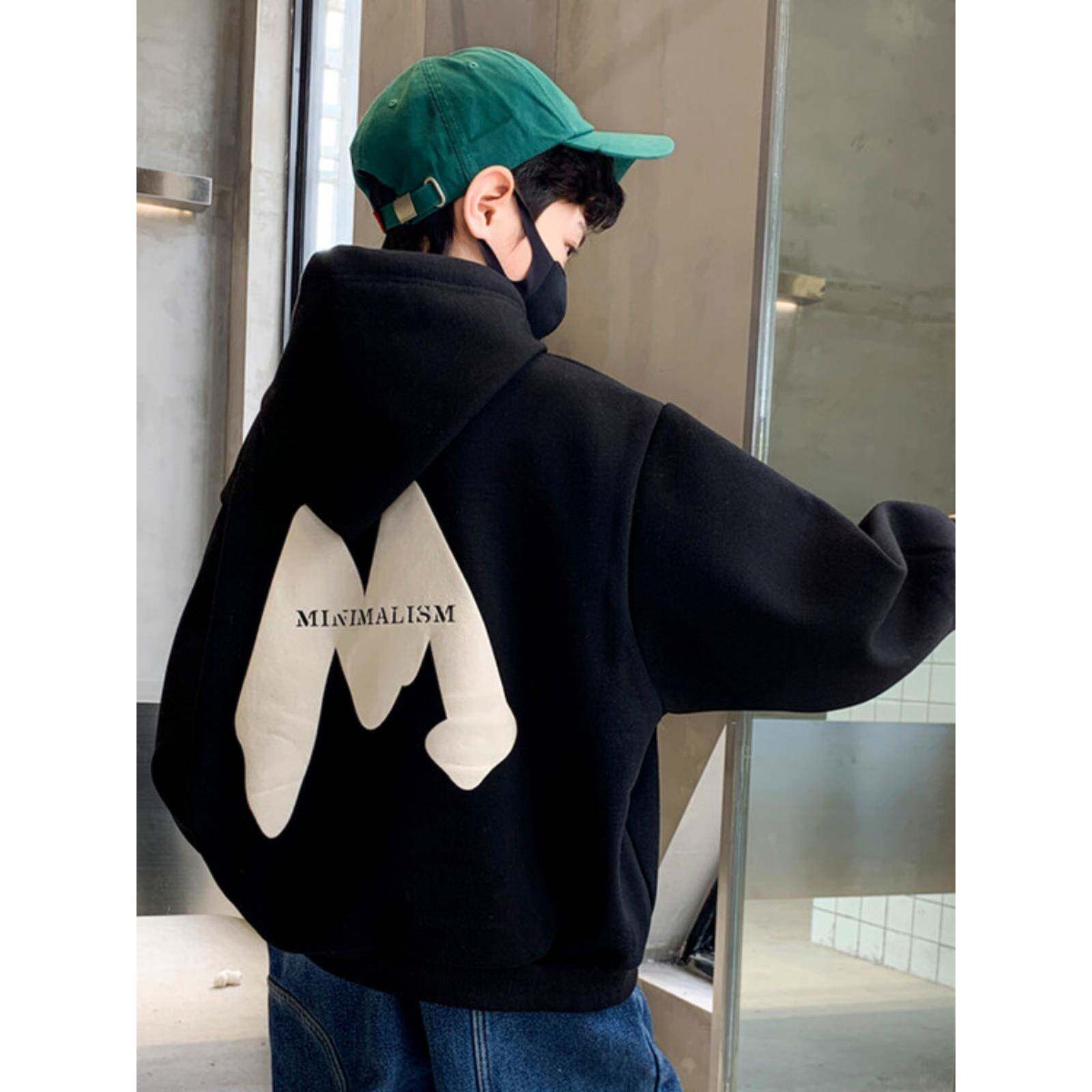 韩国男童卫衣秋冬款2023新款儿童冬季炸街加绒一体绒加厚连帽外套