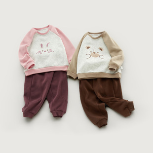 拉比卫衣套装加绒加厚2025男女童运动套装上衣裤子两件套秋冬装