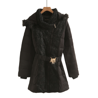 白鸭绒冬季女中长款长袖羽绒服外套连帽拉链腰带修身纯色百搭黑色