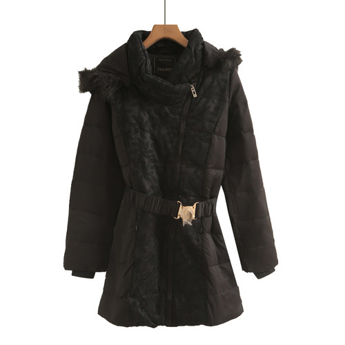 白鸭绒冬季女中长款长袖羽绒服外套连帽拉链腰带修身纯色百搭黑色