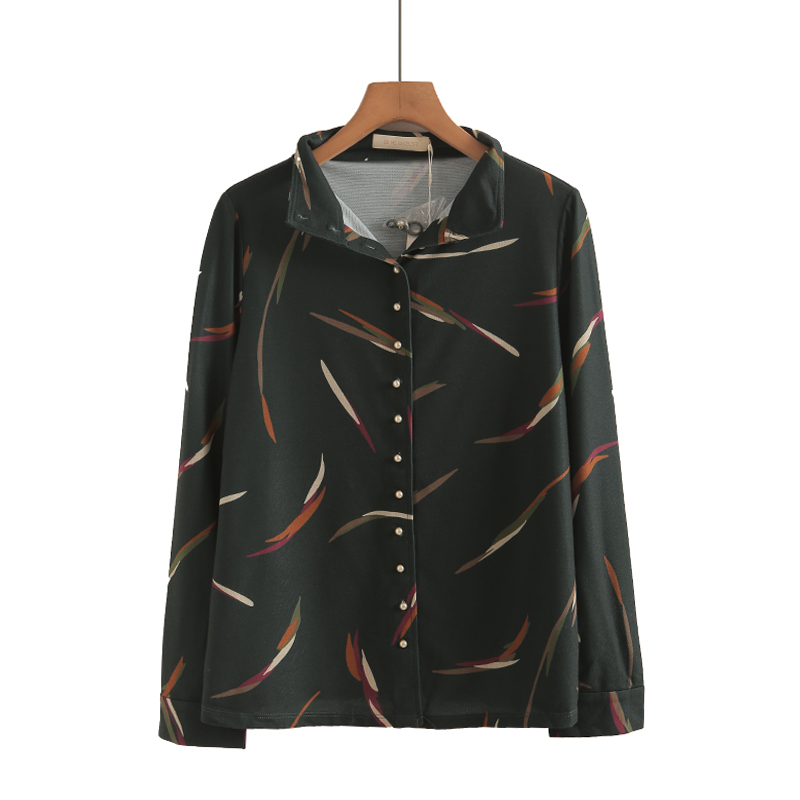 专柜699元【S】高端品牌女时尚气质立领珍珠多粒扣碎花长袖衬衫