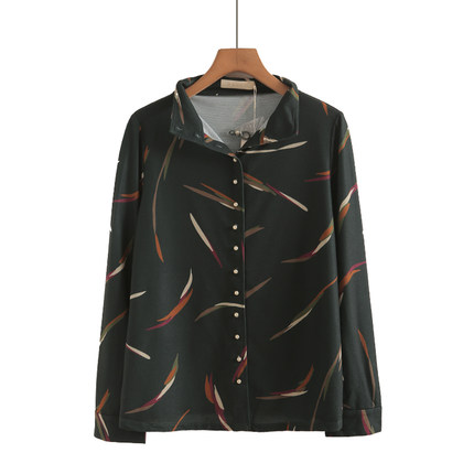 专柜699元【S】高端品牌女时尚气质立领珍珠多粒扣碎花长袖衬衫