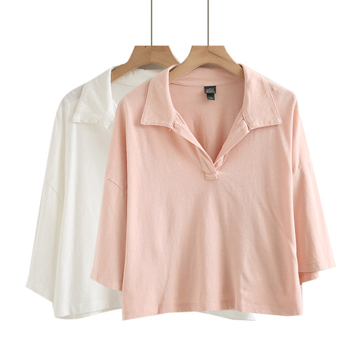 夏季新款休闲v领套头短袖短上衣