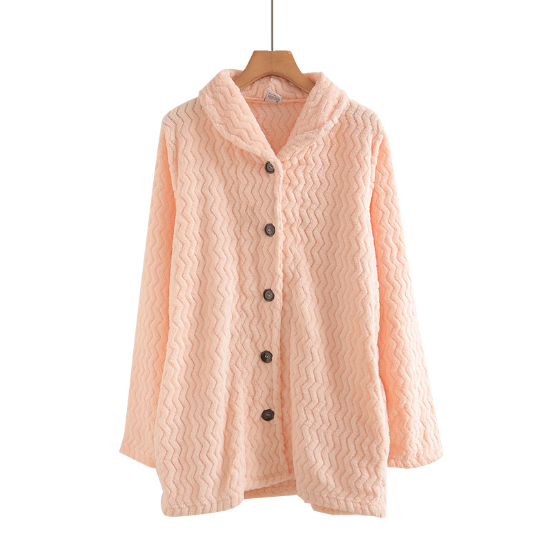 中长款珊瑚绒睡衣 秋冬翻领大码波浪口袋长袖甜美粉色开衫家居服