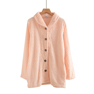 甜美粉色开衫 中长款 波浪口袋长袖 秋冬翻领大码 家居服 珊瑚绒睡衣