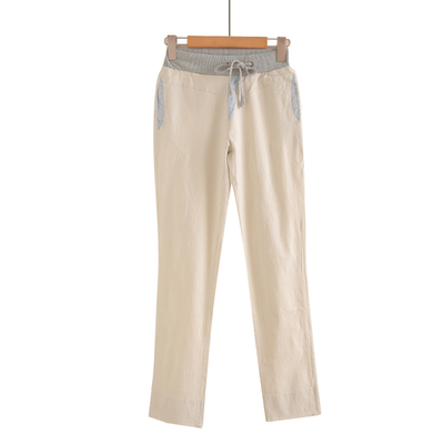 撞色针织松紧腰长裤春夏棉麻裤子女显瘦女裤小脚裤宽松麻料休闲裤