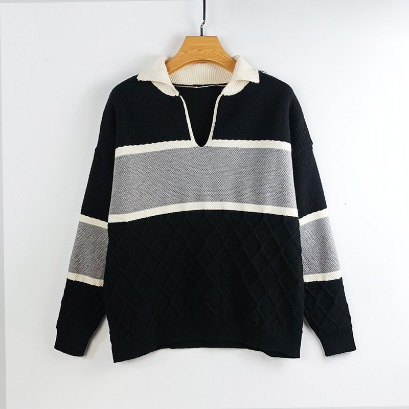 韩版减龄显瘦POLO领拼色粗麻花加厚毛衣女秋冬季宽松百搭针织上衣