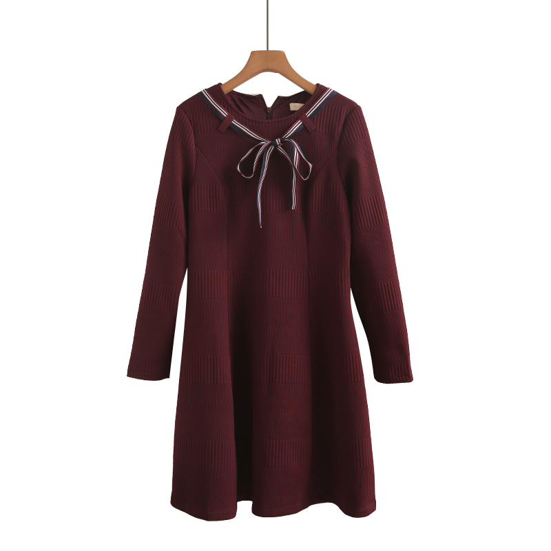 品牌折扣春秋季新款领口彩色飘带拼接长袖红色连衣裙女优雅气质裙