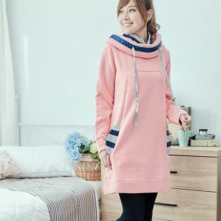 月子服春秋季孕妇产后喂奶哺乳连帽可外穿中长款卫衣家居服加绒