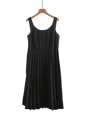 专柜769元【S】高级感明线设计吊带长裙无袖背心拼接百褶连衣裙女