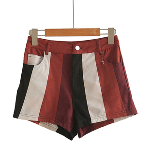 自然腰纽扣拉链口袋拼色条纹休闲短裤 女装 春新款 麂皮绒短裤