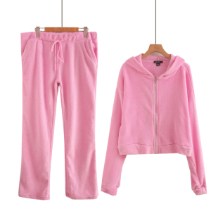 大码 薄绒简约纯色拉链学生家居服两件套 胖MM睡衣秋冬女加绒新款
