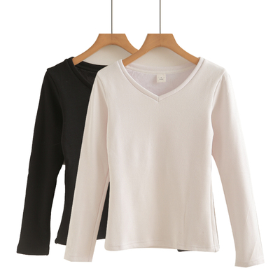 V领加绒T恤上衣2025新款秋冬长袖内搭修身显瘦黑色白色女士打底衫