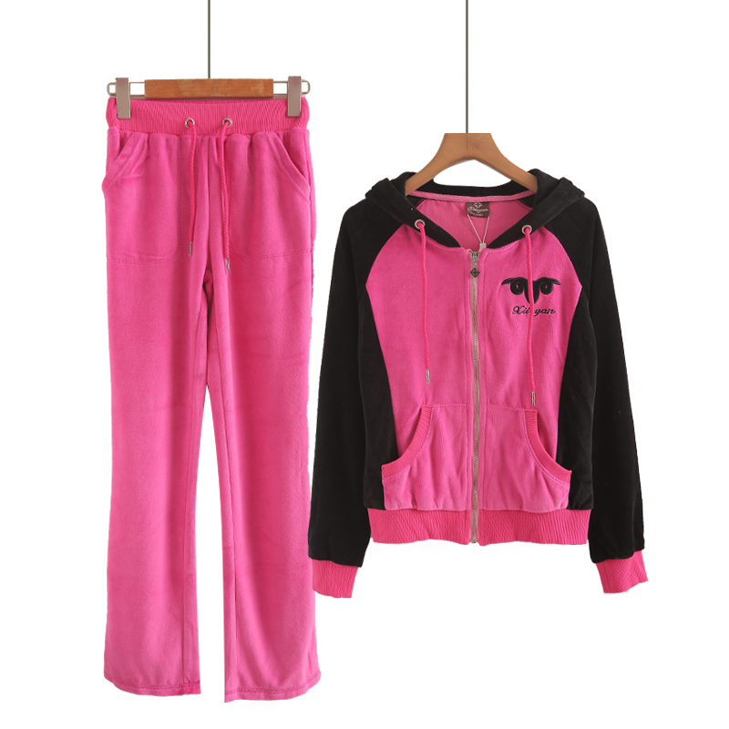 2025早秋时尚显瘦短款天鹅绒运动套装女外穿撞色连帽跑步运动服潮