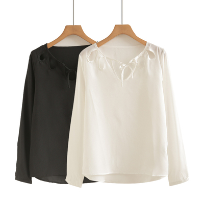 春秋季新款胸前扇形镂空雪纺长袖V领系带衬衫时尚打底上衣女宽松