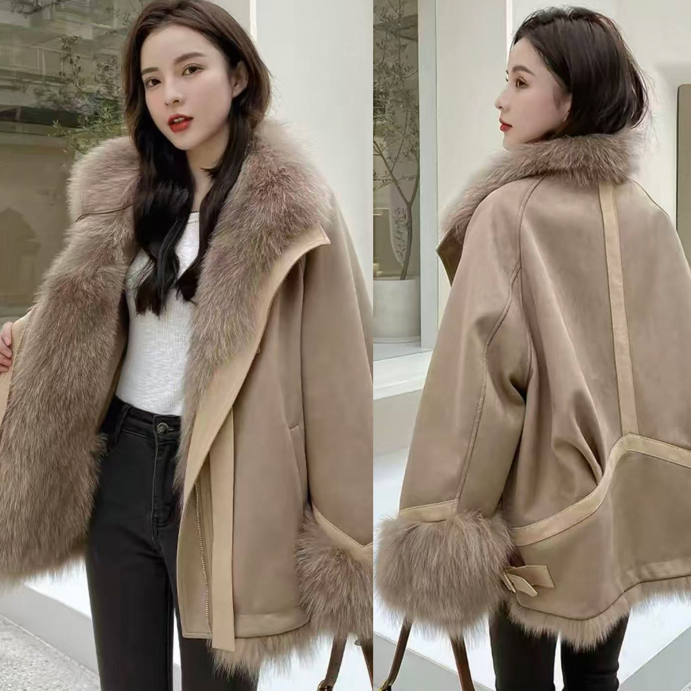 2025秋冬新款韩版小个子气质宽松长袖系带收腰大衣拼接毛呢外套女,女装/女士精品,派克服,淘宝优惠券,粉丝福利购,淘宝优惠卷