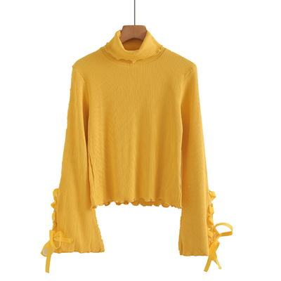 喇叭袖绑带高领短款针织打底上衣时尚秋冬新款百搭修身毛衣