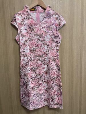 女士春夏季高领日常旗袍时尚修身改良版短款印花连衣裙下摆开叉