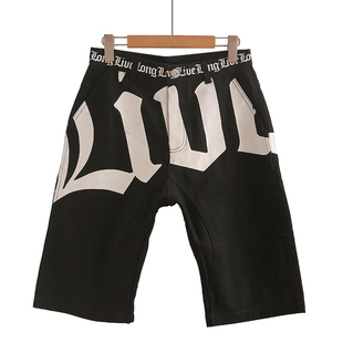 个性潮牌大字母印花短裤女休闲宽松牛仔七分裤拼接中裤阔腿裤潮